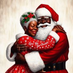 a painting of two people hugging each other with christmas decorations on their heads and arms