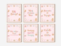 four pink and gold greeting cards with the words oh snapp, hot cocoa & truf