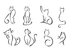 six cats sitting and standing on their hind legs in different positions, with one cat's tail curled up