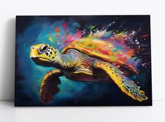 a painting of a sea turtle on a black background