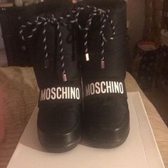 Tall Insulated Snow Boot In Black With White Logo Wording On Front! Designer Black Low-top Boots, Love Moschino Boots, Love Moschino Shoes, Black Snow Boots, Logo Word, Love Rain, Heart Logo, Winter Snow Boots, Snow Boots Women