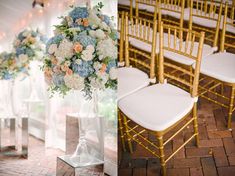 wedding flowers in vases and gold chairs