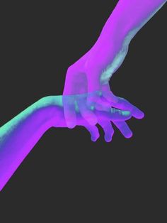 two hands reaching for each other in the air with purple and blue light on them