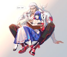 two anime characters sitting on top of each other with an open book in their hands