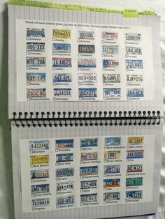 two notebooks with different license plates on them