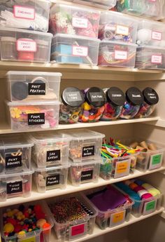 the shelves are filled with many different types of crafting supplies and storage bins