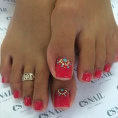 Red Pedicure Design with Golden Rhinestones plus over 50 more pretty toe-nail art ideas Spring Pedicure, French Pedicure, Pedicure Nail Art