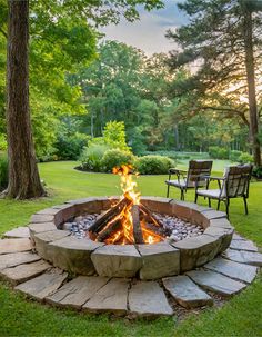 an outdoor fire pit in the middle of a lawn with chairs around it and trees