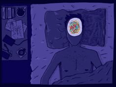 a drawing of a person in bed with an object on their head and the image of a man's face behind him