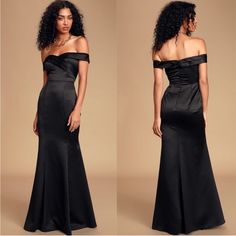 two photos of a woman in a black dress with her back turned to the camera