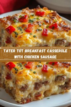 a white plate topped with cheesy tater tot breakfast casserole