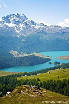 the mountains are covered in snow and green grass, with small houses on top of them