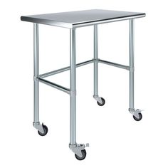 a stainless steel table with wheels on it