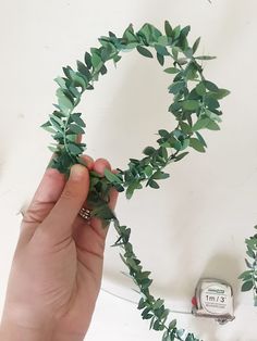 someone is making a wreath out of green leaves and tape measures it to the wall