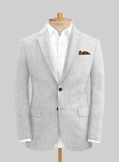 Maintain a distinct professional appearance by adding an extra bit of flair with our Italian Zod Light Gray Linen jacket. Crafted from linen, this jacket will keep you cool, sharp and stylish in summer. Combine it with a matching waistcoat and trousers a crisp white and brown derby shoes. 
  Look Includes   Italian Zod Light Gray Linen Fabric  Two Button Jacket Style  Notch Lapel   Horn Solid  Buttons  Single Vent  Three Cuff Buttons   You can change the look during customization if required. Tan Brogues, Grey Tweed Suit, Herringbone Tweed Jacket, White Linen Suit, Green Velvet Jacket, Peaky Blinders Suit, Tweed Overcoat, Royal Blue Suit, White Cotton Shirt