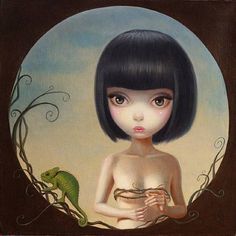 a painting of a woman with black hair holding a lizard