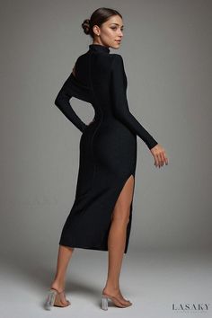 Lasaky - Elegant Zalca Cutout Maxi Bandage Dress for Sophisticated Women Fitted Midi Dress For Fall Dinner, Winter Evening Midi-length Bodycon Dress, Chic Fitted Maxi Dress For Dinner, Winter Evening Fitted Midi Dress, Chic Bodycon Dress For Winter Dinner, Winter Evening Bodycon Midi Dress, Chic Winter Bodycon Dinner Dress, Chic Winter Bodycon Dress For Dinner, Long Sleeve Cocktail Dresses With Side Slits