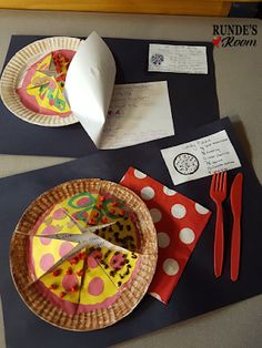 two paper plates with different types of food on them, one has a fork and knife