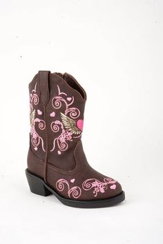 Roper® Toddler's faux leather fashion Western boots with pink  winged heart design. Brown.  Narrow toe.  Color: Brown w/Pink Embroidery Faux Leather Upper Fabric Linings EVA Cushioned Footbed Lightweight Flexible Outsole Imported Cute Leather Boots For Fall, Cute Pink Boots For Fall, Cute Leather Boots For Spring, Cute Leather Closed Toe Boots, Cute Pink Leather Boots, Pink Camo Party, Camo Cowgirl Boots, Camo Party, Winged Heart