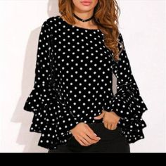 The perfect blend of summer and fall...this top is a must! Ruffle Dress Casual, Pleated Chiffon Blouse, Chiffon Blouses, Polka Dot Shirt, Vintage Blouse, Black And White Tops, Chiffon Long Sleeve, Bell Sleeve Blouse, Lovely Clothes