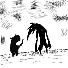 an illustration of a monster and a child in the water with their heads touching each other