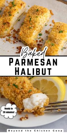 parmesan halibut on a plate with lemon wedges