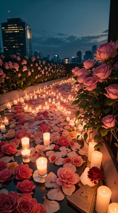 many candles are lit on the ground with flowers