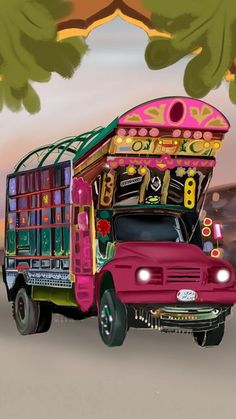 the truck is painted in bright pink and green