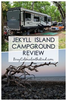 an rv park with the words jekyl island campground review on top and bottom