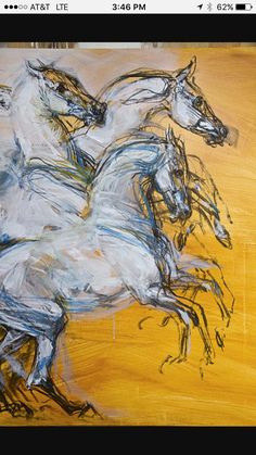 an abstract painting of two white horses in motion