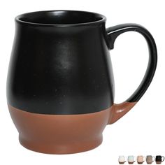 a black and brown coffee mug with four different colors