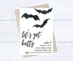 a bat themed birthday party card with the words, let's get bats