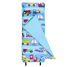 a blue sleeping bag with cars and trucks on it