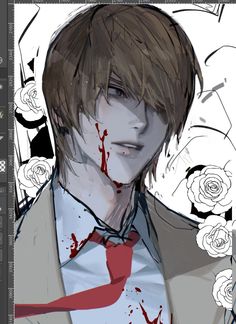 a drawing of a man in a suit and tie with blood all over his face