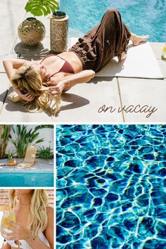 First image shows model is lounging by the pool wearing seaside spice bikini top and espresso adventure cargo pants. Second image shows pool chair at edge of pool. Third image shows beautiful texture of pool. Fourth image shows model is holding a fruity drink and wearing intricate/colorful pieces of jewelry.