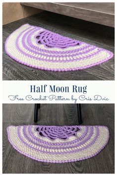 the half moon rug is crocheted in purple and white