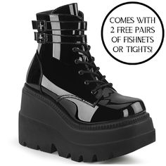 New In Box Demonia Sha52 Black Patent With A 4 1/2" (114mm) Wedge Platform Lace-Up Front Ankle Boot W/ Double Buckled Ankle Straps, Inside Zip Closure. Free Shipping Perfect For A Festival Outfit, Rave Wear, Goth Boots, Alternative Fashion, Dollskill Platform Shoes, With Retro Clothing And More #Nwt #Y2k #Summer #Fall #Aesthetic #Emo #Halloween #Costume Winter Wedges, Crotch Boots, High Heel Stiefel, Demonia Shoes, Light Up Shoes, Thigh High Stockings, Platform Ankle Boots, Lace Up Ankle Boots, Womens Ankle Boots