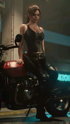 a woman sitting on top of a motorcycle wearing leather pants and black tank top with her hand on the seat