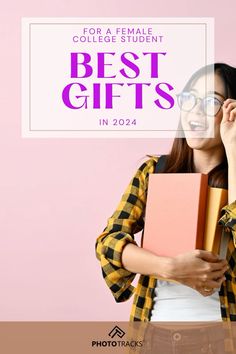 a woman holding books and smiling with the words best gifts in front of her face