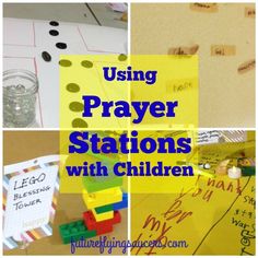 several pictures with the words using prayer stations with children written on them and legos