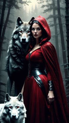 a woman in a red dress standing next to a wolf with her arms around her chest