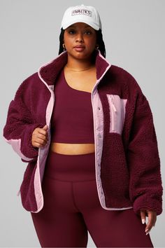 Tahoe Teddy Jacket Fabletics red female Activewear >> Womens >> Jackets & Outerwear >> Jackets plus Everyday Athleisure Fleece Jacket For Fall Sports, Winter Workout Activewear With Pockets, Fleece Long Sleeve Activewear With Pockets, Red Functional Winter Activewear, Fall Athleisure Track Jacket For Loungewear, Winter Workout Track Jacket, Winter Fleece Outerwear Athleisure Style, Fitted Workout Outerwear With Pockets, Fall Sportswear Activewear With Pockets