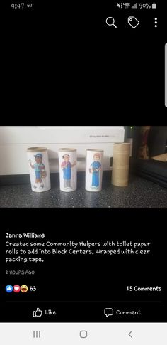 three coffee cups sitting on top of a counter next to each other, with the caption's name below them