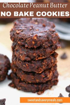 five chocolate peanut butter no bake cookies one on top of others