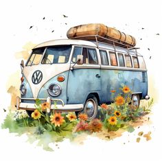 a watercolor painting of a vw bus with sunflowers and flowers around it