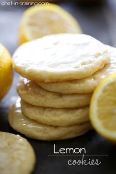 lemon cookies are stacked on top of each other