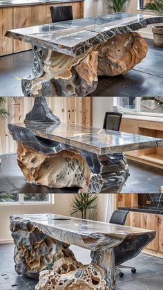 the table is made out of wood and has an unusual design on it's surface