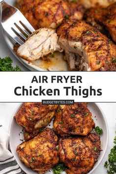 air fryer chicken thighs on a white plate with parsley next to it and the words, air fryer chicken thighs