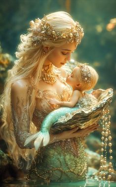 a woman holding a baby in her arms while wearing a tiara with pearls on it