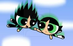 two cartoon characters are flying in the sky together with green eyes and black hair on their faces